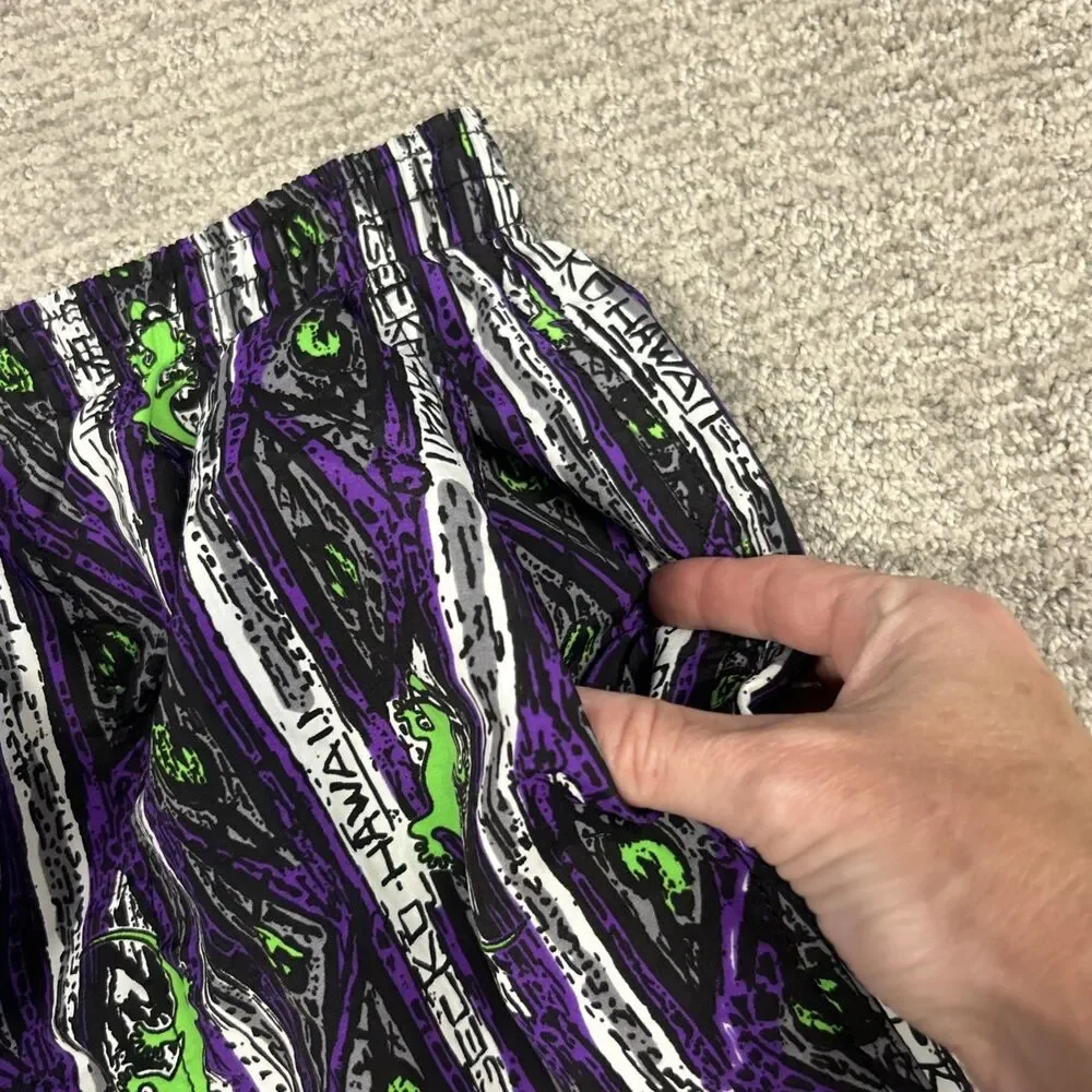 Gecko Hawaii Swim Trunks Mens XL Mesh Lined Shorts Black Purple Green Pockets